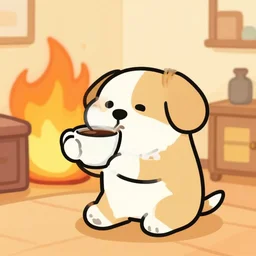 a dog with arms drinking a cup of coffe in a burning room, colorful, cartoon