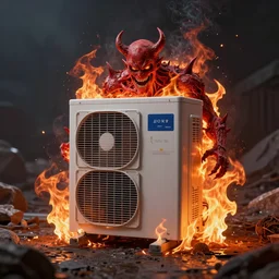 evil ac unit made of fire, post apocalyptic, global warming