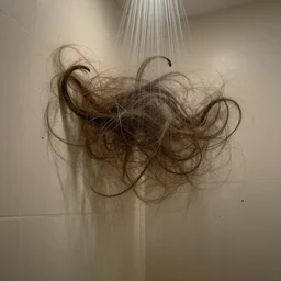 mess of hair on shower wall. tangled strands of hair. tangled pieces of human hair.