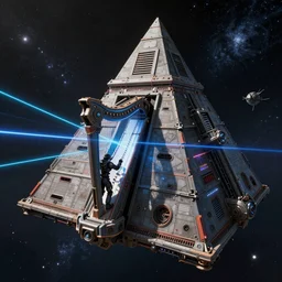 pyramid necron spaceship in space playing on the laser harp, style of warhammer 4 0 k, unreal engine, octane render, highly detailed