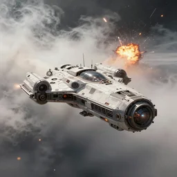 sci - fi spaceship in combat, in planet atmosphere and dense fog, explosions, highly detailed, trending on artstation, denis villeneuve