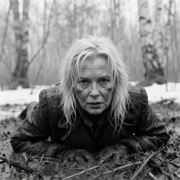 1 9 6 0 s movie still close - up portrait of a dirty elder blonde woman crawling in a swamp with birch forest, snow, cinestill 8 0 0 t 3 5 mm b & w, heavy grain, high quality, high detail, mud, fog, by tarkovsky