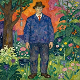 A giant gardener art style by Egon Schiele, trending on artstation, artstationHD, artstationHQ, 4k, 8k