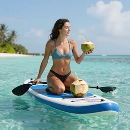 a woman on a standup paddle board in the Maldives with a coconut drink, photo realistic, 8k