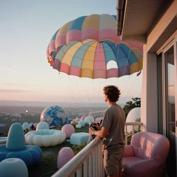 a grainy film photograph pov holiday maker on balcony in dream state alien world. pastel coloured parachute furniture. earth visible in sky. foam architecture. ambient light. refraction. sunset.