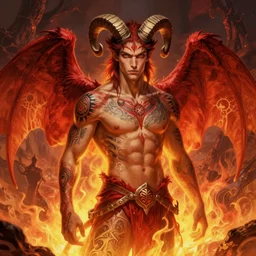 full portrait of a beautiful young fit male demon with ram horns, winged body covered in occult tatoos, flaming scene, by greg rutkowski and alphonse mucha, d & d character, gradient red to yellow, in front of an hellish landscape background, highly detailed portrait, digital painting, artstation, concept art, smooth, sharp focus ilustration, artstation hq