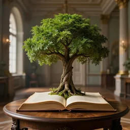 tree of life growing out of a book, on a wooden table, inside a palace, rim light, midsommar style, extremely detailed, masterpiece, artstation, cinematic lighting, photographic, by greg rutkowski and wolp