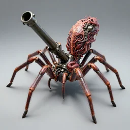 Techno-biological iron-meat spider with big artillery cannon in his torso. Consisting of tumors, veins, guts, long spider paws, kidneys, wires, shafts. The head is made of mechanisms and a fanged maw. Bodyhorror, biopunk, extremely high detail, ultra realistic, photorealism, concept art, octane render, view from a distance, 8k, 16k