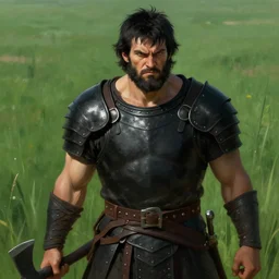 picture of male warrior in a greenfield, burly, simple black armor, plated, axe, angry, black messy hair, unkempt beard, highly detailed, detailed face, smooth, sharp focus, chiaroscuro, digital painting, artgerm and greg rutkowski and alphonse mucha