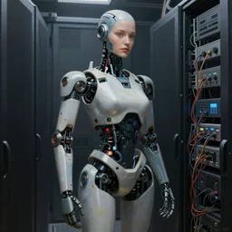 painting concept art of full - body robot with beautiful human face, posing in server room, wires, by pascal blanche rutkowski artstation blender detailed