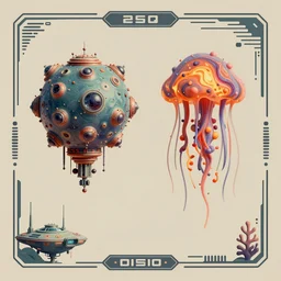 design only! 2 0 5 0 s retro future art 1 9 7 0 s science fiction borders lines decorations space machine. muted colors. by jean - baptiste monge, ralph mcquarrie. mandelbulb 3 d, fractal flame, jelly fish, coral
