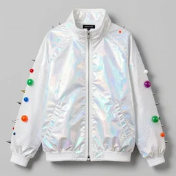 a white holographic oversized jacket inspired by jawbreaker candy, vaporwave mall aesthetic, dots, netting, spikes, fashionable, trendy, colorful