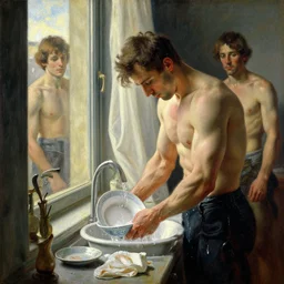 muscular karl urban washes dishes by the window, painting by gaston bussiere, craig mullins, j. c. leyendecker, tom of finland