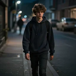 a moody teenager in a hoodie walking down the street, dramatic lighting, cinematic scene, trending on Artstation