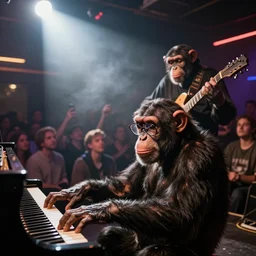 photo of two chimpanzees, one wearing glasses and playing the piano and the other chimpanzee is playing guitar on stage in the spotlight at a smoky nightclub in front of a crowd of people, 5 0 mm, beautiful photo