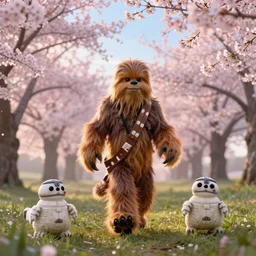 masterpiece chewbacca and ewoks running in a field of cherry blossom trees, heavenly glow, soft focus, surreal photography, sunrise, blue sky, dramatic light, photo manipulation, hdr, digital painting, artstation, simon stalenhag