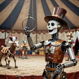 colorized 1 9 1 0 close - up photo of a robotic ringmaster in a steampunk circus. acrobatic stunts inside a circus tent. mechanical animals, mechanized clowns.