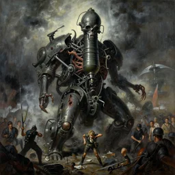 oil painting of 3 0 0 0 battle - dangerous gas gangrene nightmare machine, by alberto bontempi, shigeru komatsuzaki, wayne d barlowe, alex ross, enric torres, simon bisley & boris vallejo, hyper realism, dark color schem, cinematical, narrative light, muted colors, epic, hyper detailed, awe inspiring, award winning