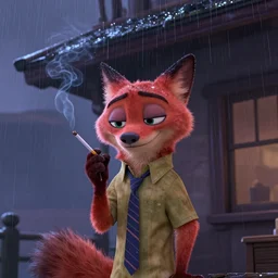 pixar style lynx smoking a cigarette under a rainy roof in zootopia, film noir, pixar animation, 3d render, high quality, moody