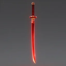 a vertical red glowing katana with an ornate handle floating in the air, artstation, alphonse mucha