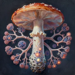 A digital art painting of internal lymphocyte virion singular symmetric mushroom synaptic fractality fungus transmission embryonic glial neurons rhizomorphic like slime mold, sentient nerve cells microscopic plankton glowing neuronal brain cell synapse. A ultradetailed painting of a big mushroom by Dan Mumford, Ted Nasmit, rossdraws, beeple