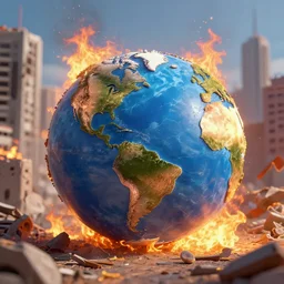 post apocalyptic earth with fire everywhere and destroyed buildings, surreal, sharp focus, digital art, epic composition, concept art, dynamic lighting, intricate, highly detailed, 8 k, unreal engine, blender render