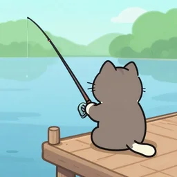 cat sitting on the pier fishing, cartoon