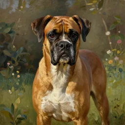painting of a boxer dog, golden hour, in a garden, artstation, by J. C. Leyendecker and Peter Paul Rubens,