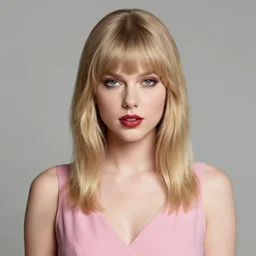 digital art, portrait of a woman with bangs and blonde hair wearing a pink dress