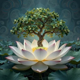 single tree going out of a lotus flower psychedelic style intricate
