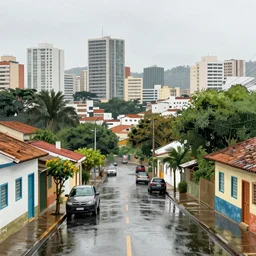 Rainy scenery in Vila Prudente neighborhood, São Paulo, cartoon style.
