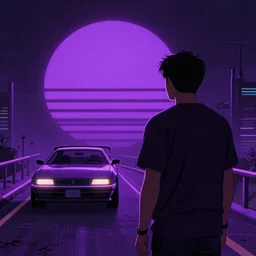man looking at the outrun purple sun, synthwave, outrun, 8 0 s, high details, dark