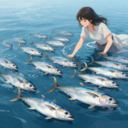 woman herding tuna in the ocean, extremely detailed, sharp focus, wide view, smooth, digital illustration, by james jean, by rossdraws, frank franzzeta, mcbess, sakimichan