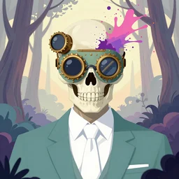 skull wearing a steampunk plague mask, otherwordly forest, white tie, pixiv fanbox, dramatic lighting, maximalist pastel color palette, splatter paint, pixar and disney exploded - view drawing, graphic novel by fiona staples and dustin nguyen, peter elson, clean cel shaded vector art, trending on artstation