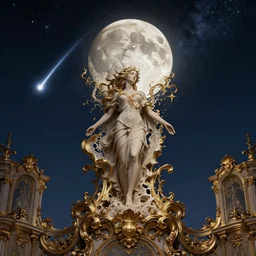 sky in a starry night with glowing meteor showers, ascension of a woman decomposing and dissolving into moon, dark - blue black gold beige saturated, ornate baroque rococo art nouveau intricate detail, 3 d specular lighting, cinematic