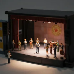 tilt shift focus, miniature of ( ( ( the residents ) ) ) performing on stage, figurines, toy, extreme dof