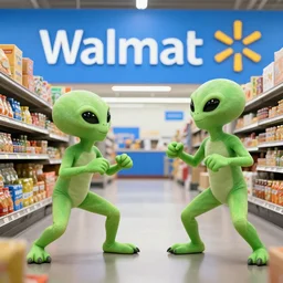 a highly detailed photo of aliens fighting with Walmart customers, hilarious
