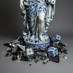 Shards of a very very beautiful, ornate, ceramic, glass and crystal statue scattered atop black foil, vandalism, invasion, destroying beauty, Graphite, Marker Art, Modern Art, Concept Art, Glaze, Inglaze, Azulejo, Cinematic, Dramatic, Wide Angle, Brenizer Method, F/22, Light Mode, High Contrast, 3D, Hyperprism, Polyhedron, Carbide Lamp, Lumen Global Illumination, by Maria Sibylla Merian