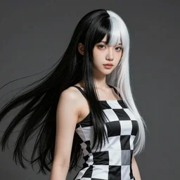 An epic fantasy comic book style portrait painting of a girl with long straight hair, hair is half black half white, she is wearing a dress with a chess pattern, Unreal 5, DAZ, hyperrealistic, octane render, cosplay, RPG portrait, dynamic lighting