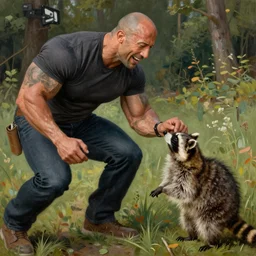 ' dwayne johnson attacking a racoon ', painting by norman rockwell