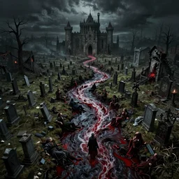 an ominous nightmare of a river of blood spreading death and tarnation over a tarninshed graveyard in ruins, gothic, castelvania, decay and destruction, by stephen gammel, franz sedlacek, gustave dore, fromsoftware, matte painting, super wide angle, aerial photography, trending on artstation, epic masterpiece,