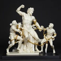 long line-up of laocoon and his sons struggling with twisted golden wire, intertwined full body view, plastic injection mold toys, product photography, black background