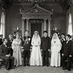 A wide full shot, colored black and White Russian and Japanese mix historical fantasy a photograph portrait taken of inside a royal wedding shrine of the aisle, 1907 photo from the official wedding photographer for the royal wedding.