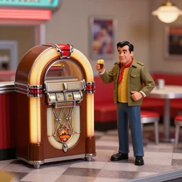 diorama of fonzie next to a jukebox in a 1 9 5 0 s diner