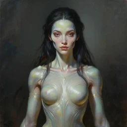 a professional painting of a beautiful young female alien, clothed in ethereal armor, olive skin, long dark hair, beautiful bone structure, symmetrical facial features, intricate, elegant, digital painting, concept art, smooth, sharp focus, illustration, from valerian and the city of a thousand planets, by ruan jia and mandy jurgens and artgerm and william - adolphe bouguerea