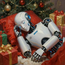 robot from future, asleep at christmas. surrounded by gifts. high quality detailed face. beautiful painting by rockefeller
