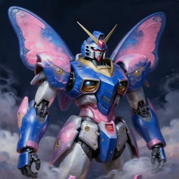 a baroque neoclassicist renaissance close - up portrait of a deep blue and pink iridescent whimsical 1 8 0 0 s japanese mecha gundam butterfly with big glowing eyes. reflective detailed textures. puffy clouds, dark background. highly detailed fantasy science fiction painting by moebius, norman rockwell, frank frazetta, and syd mead. rich colors, high contrast. artstation
