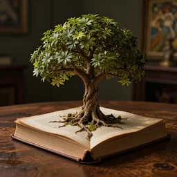 tree of life growing out of a book, on a wooden table, rim light, extremely detailed, masterpiece, artstation, cinematic lighting, photographic, by greg rutkowski and alphonse mucha, wolp