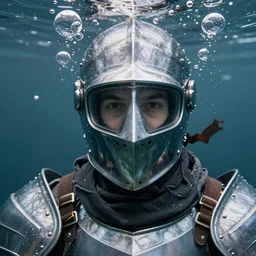Underwater photo of a stylish person in medieval armor by Trent Parke, staring at a camera through a visor, close up, huge bubbles, metallic patterns, clean, detailed
