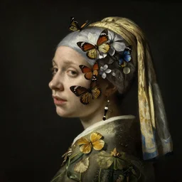 A woman's face in profile, long hair, made of flowers and butterfly, in the style of the Dutch masters and Gregory Crewdson, dark and moody